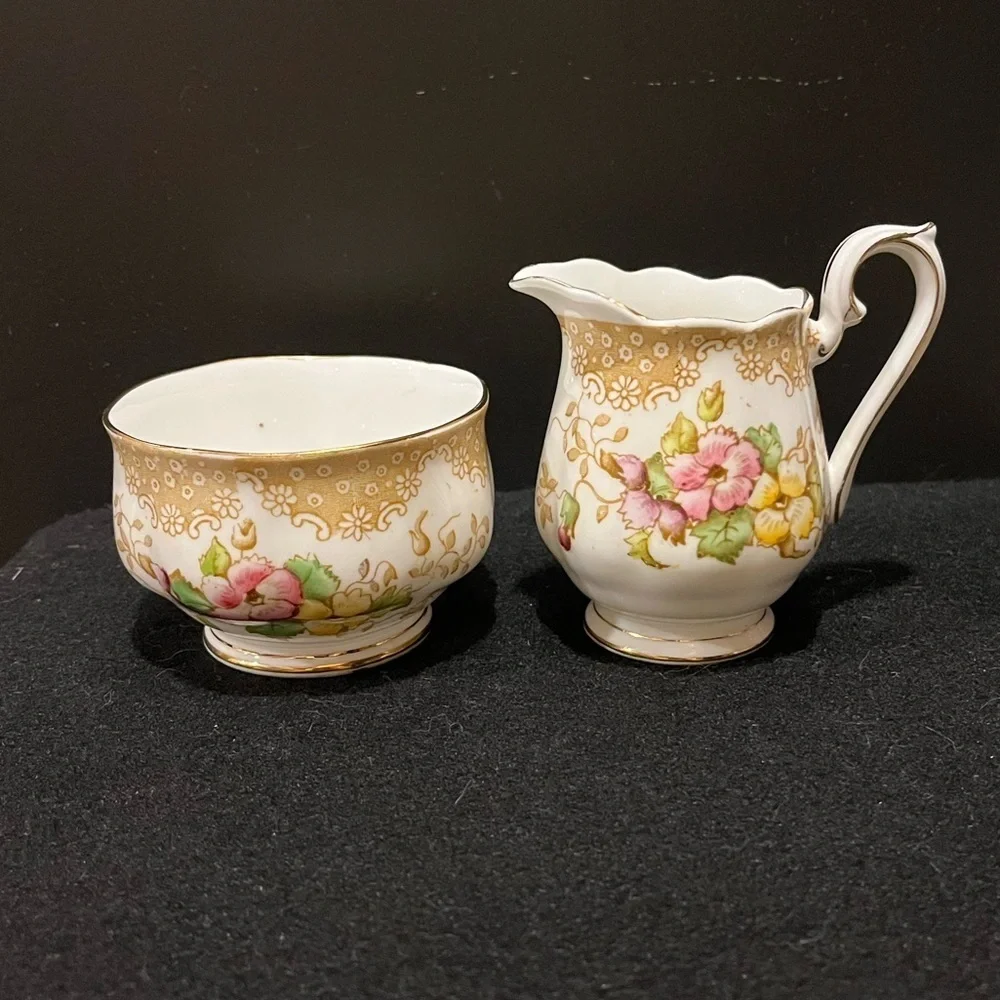 Royal Albert Bone China Open Sugar Bowl and Cream pitcher Lovelace pattern